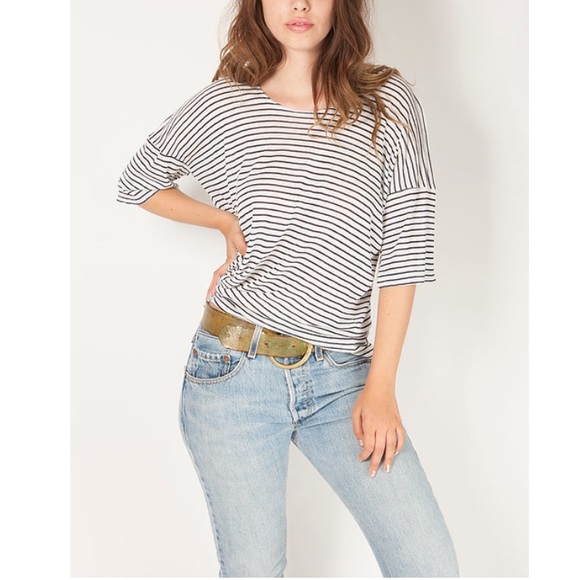 Soft Beige Striped Linen Tee Shirt - Picture 1 of 1